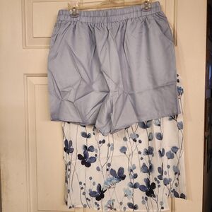 Floral Blue and White V-Neck Shirt with Light Blue Shorts